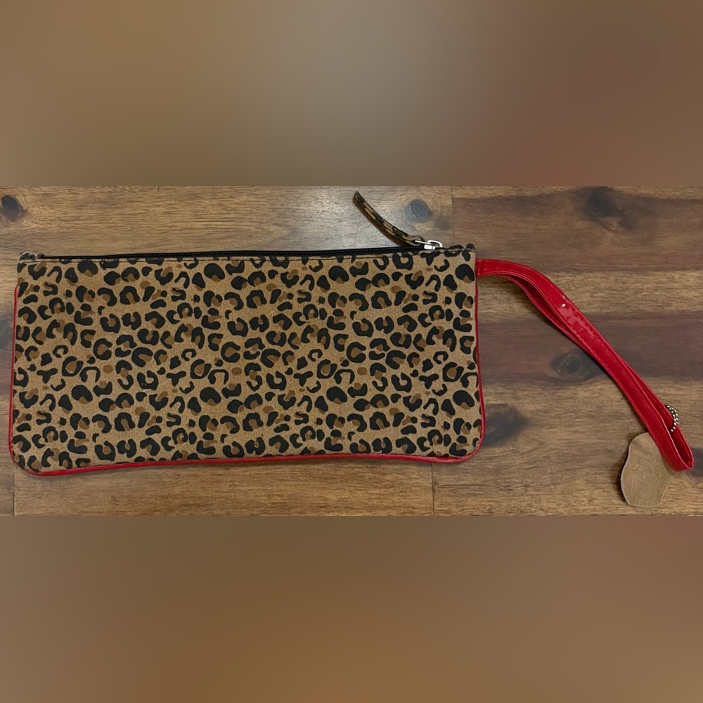Vintage Genuine Leather Leopard Animal Print Clutch Wristlet with Red Accents